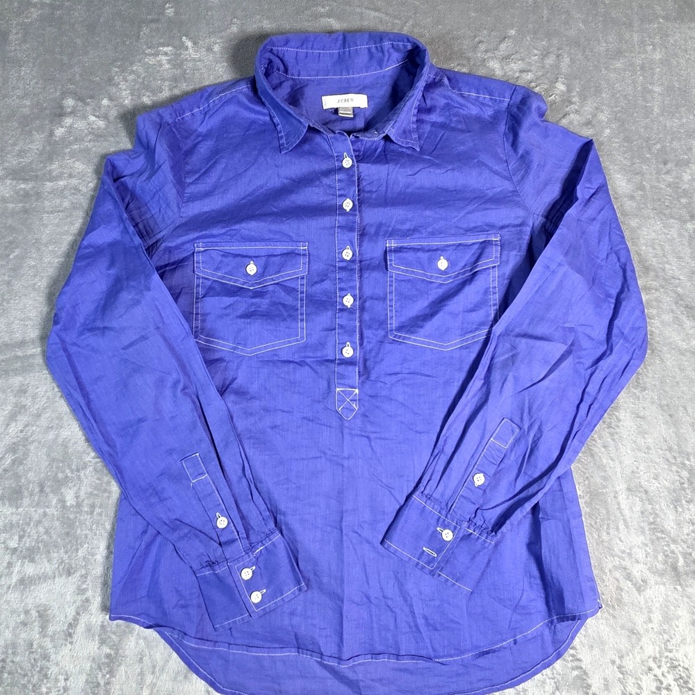 J. Crew Women's Blue Popover Utility Shirt L/S Button Chest Pocket Sz 4